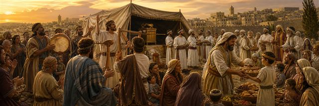 Asaph and musicians worshiping beside the ark while David gives food to families